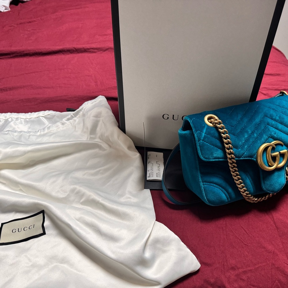 Authentic Velvet Matelasse Small GG Marmont Shoulder Bag Pavone Cyan